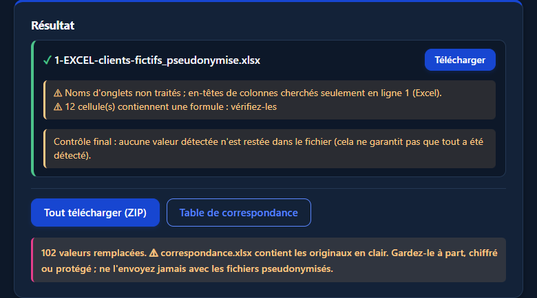 Exemple de résultat Pseudonymo sur un fichier Excel, avec données pseudonymisées et avertissements de contrôle